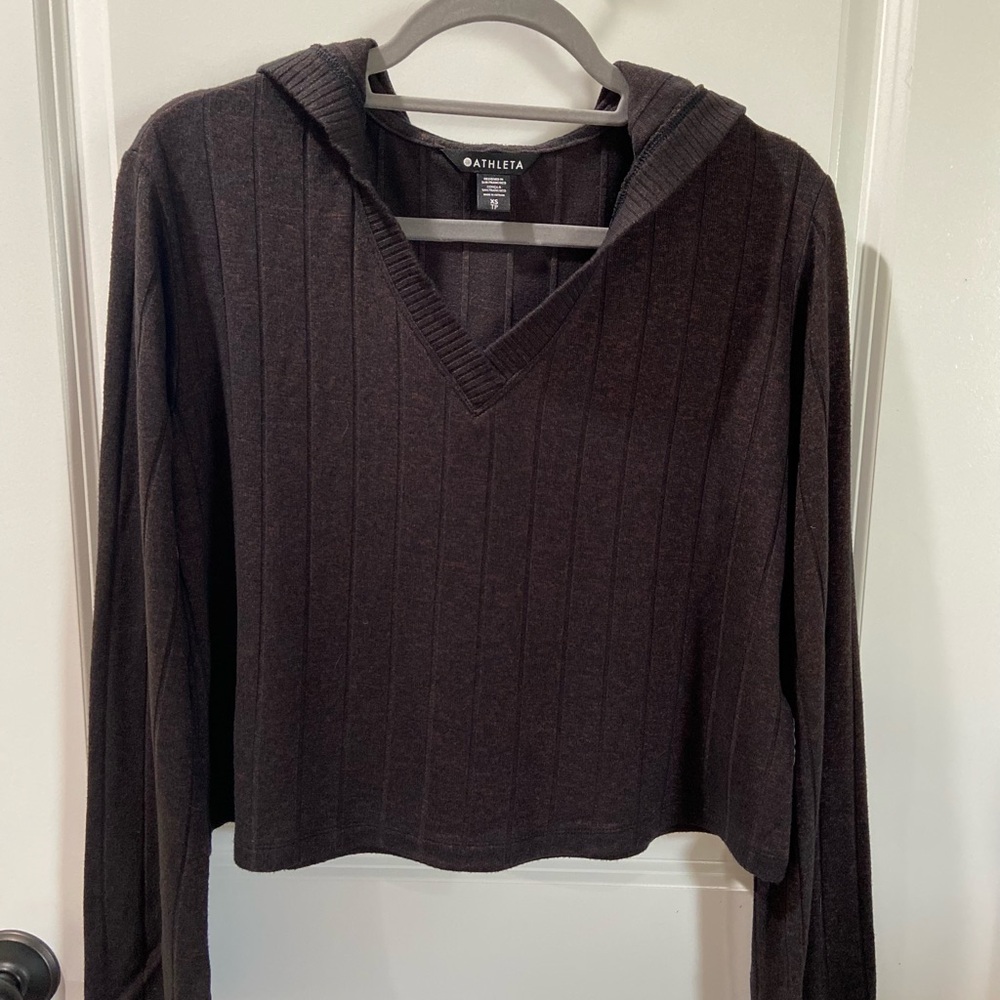 Athleta Black-brown marled ribbed v-neck hoodie